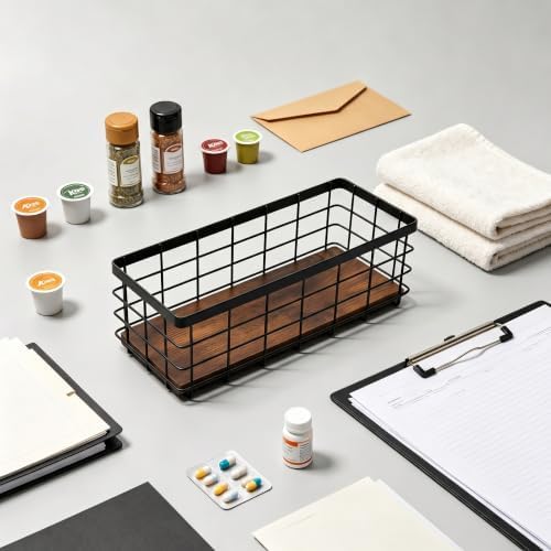 Small Black Metal Wire Storage Basket with Wood Base (Black+Brown, 2 Pack) - Image 6