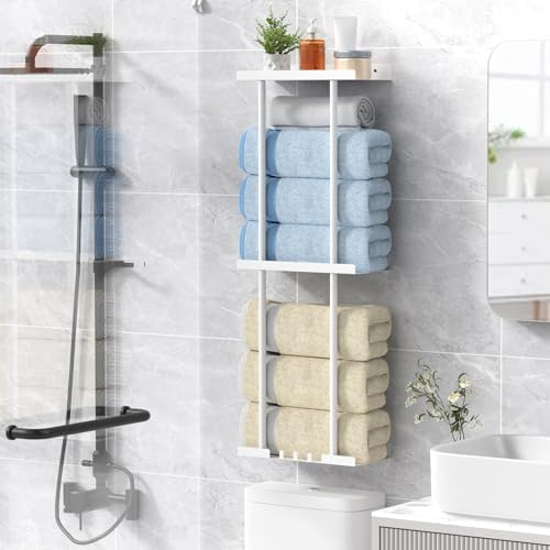 Liuoud Towel Rack for Bathroom, Wall Mounted Vertical Rolled Towel Storage Organizer Holder with Shelf, Holds Up 6 Large Bath Sheets, White Large Size - Image 7