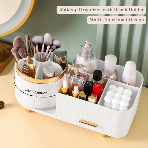 Rotating Makeup Organizer for Vanity with Brush Holder and Drawer, Cosmetic Makeup Storage, Large Spinning Makeup Skincare Organizer, Countertop Makeup Perfume Organizer, Lotions Display Case (White) - Image 3