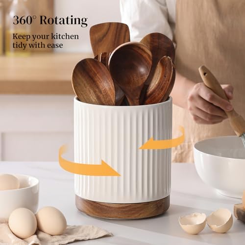 DOWAN 360° Rotating Extra Large Cooking Utensil Holder, 7.6" Kitchen Utensil Holder for Countertop, Utensil Crock for Farmhouse Kitchen Decor, Ceramic Stable Utensil Caddy, White Stripes - Image 7