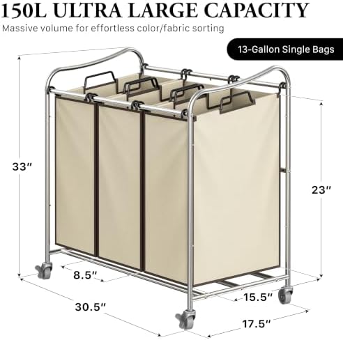 Simple Houseware Heavy Duty 3-Bag Laundry Sorter Rolling Cart, Chrome - Image 2