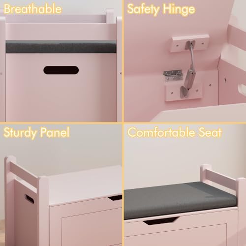 Storage Chest, Storage Bench with Cushion Seat, Toy Chest, Wooden Toy Box with 2 Safety Hinges, Shoe Bench, for Entryway, Living Room, Bedroom, Pink - Image 6