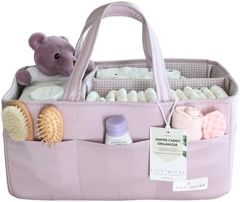 Lily Miles Baby Diaper Caddy Organizer, Wipeable Diaper Organizer Basket with 8 Pockets for Newborn Essentials, Baby Shower Gifts, Nursery Tote Bag for Changing Table or Car (Rosy Lilac, Large) by LilyMiles