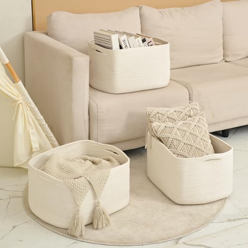 ICERZCZ Large Storage Baskets for Organizing Shelves, Woven Cotton Rope Bins for Baby Nursery Organization, Book Toy Towel Organizer, 17"x13"x9.5", 3 Packs, Off White - Image 6