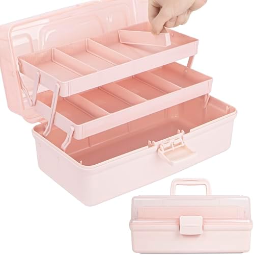 TERGOO 12.5in 3-Layer Multipurpose Craft Organizers and Storage with Adjustable Dividers, Portable Tackle Box, Folding Art & Craft Case for Medicine, Tool, Sewing Organizer (Pink) by Focusonefficientstorage