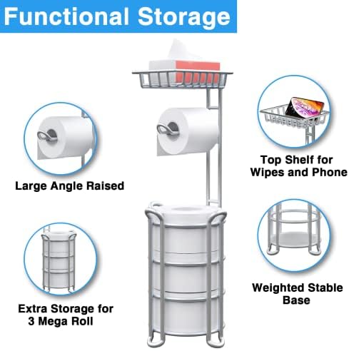 Toilet Paper Holder Stand with Shelf for Phone, Free Standing Tissue Roll Storage and Dispenser Rack for 4 Mega Rolls, Silver Gray - Image 2