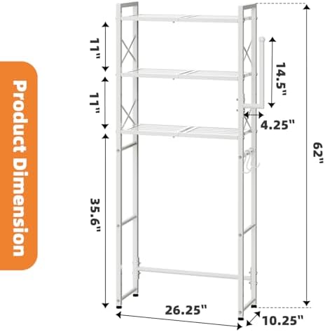 Simple Trending Over The Toilet Storage Rack with Toilet Paper Holder, Heavy Duty Metal 3 Tier Bathroom Organizer Shelf with 3 Hooks, White - Image 3