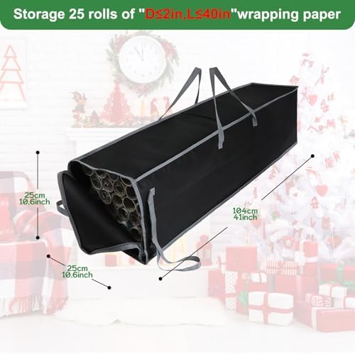 Demao Large Wrapping Paper Storage Bag – 41" Christmas Gift Wrap Organizer with Reinforced Handles, Holds 25 Rolls – Black & Gray Two-Tone Design, Dustproof & Stain-Resistant for wrap paper Storage - Image 2