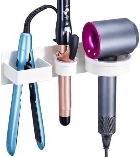 Hair Dryer Holder Wall Mounted Hair Straightener Holder, Blow Dryer Curling Iron Holder Metal, 3 in 1 Bathroom Hair Tools Organizer for Blow Dryer, Flat Irons, Hot Tool Holder (White) by WelcometotheXILIMEN