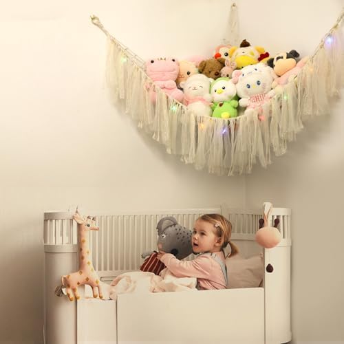 Stuffed Animal Hammock with LED Lights - 59 Inch Large Toy Storage Net for Kids Bedroom, Wall-Mounted Plush Organizer with Wooden Rings, Nursery Decor (Handwoven, White) - Image 4