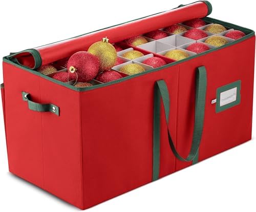 ZOBER Large Christmas Ornament Storage Box - Stores 128 3" Ornaments, With Dividers - Ornament Organizer Storage Box, Durable Christmas Containers Holder - Extra Pockets, Dual Zipper - Red by ZOBER