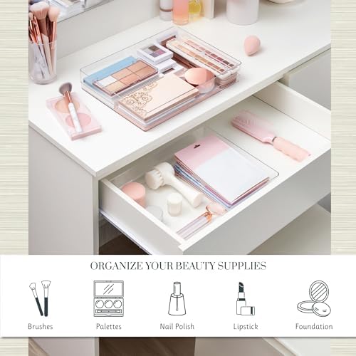 STORi SimpleSort 2-Piece Stackable Clear Drawer Organizer Set | 15" x 6" x 2" Rectangle Trays | Wide Makeup Vanity Storage Bins and Office Desk Drawer Dividers | Made in USA - Image 3
