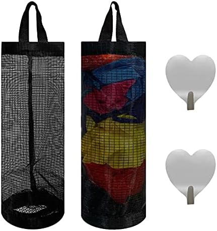 2 Pcs Plastic Bag Holder Trash Bags Storage Dispenser Organizer for Home Kitchen Mesh Hanging Storage Dispensers Recycling Garbage Folding Hanging Storage Bag Grocery Bags Holder with 2 Hooks (Black) by TTSAM