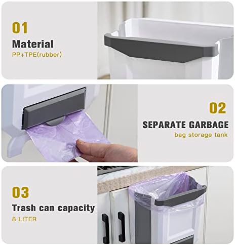 Hanging Kitchen Trash Can, Foldable Waste Bin for Kitchen, Collapsible Hang Small Plastic Garbage Can 2.4 Gallon for Cabinet/Car/Bedroom/Bathroom (White) - Image 6