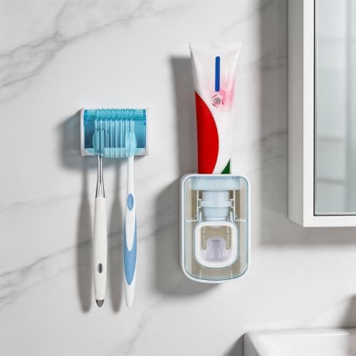2 Slots Wall Mount Toothbrush Holder with Cover, Self Adhesive Toothbrush Storage Organizer for Shower, Toothbrush Hanger with Automatic Toothpaste Squeezer Dispenser(Blue) - Image 3