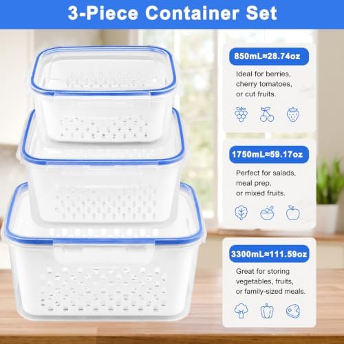 3 Pcs Fruit Storage Containers for Fridge with Removable Colander, Lid - Image 2