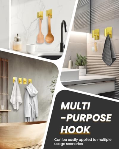 Heavy Duty Adhesive Hooks - 26lb Max, Sticky Wall Hooks Waterproof Stainless Steel for Hanging Towel, Coat, Robe, Towel Hooks Stick on Bathroom, Kitchen, Shower, Door (Gold, 2 Pack) - Image 6