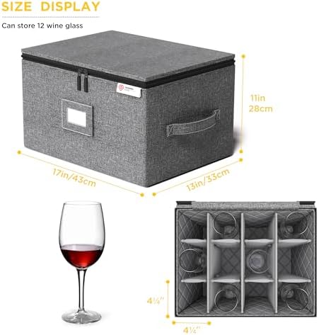 YearningHome Wine Glass Storage Box with Dividers,Hard Shell and Stackable Stemware Storage Containers with Sturdy Handle for Glassware Crystal Storage and Transport,Grey,Holds 12 - Image 2