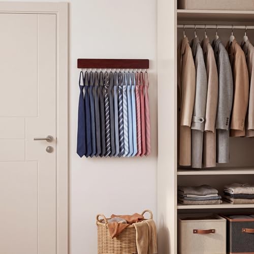 StorageWorks Tie Rack with 20 Hooks, 2 Set Wall Mounted Wood Hanger, Cherry - Image 6