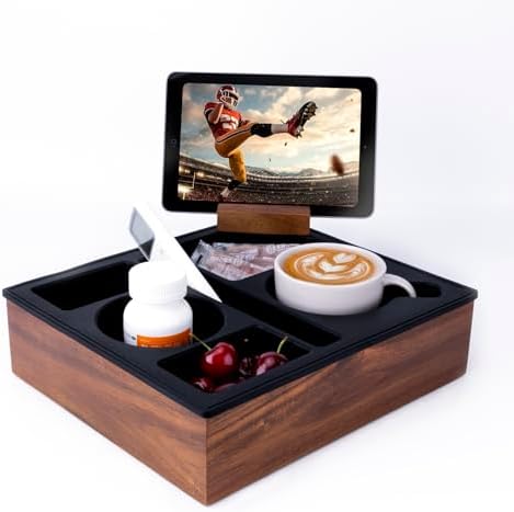 Couch Cup Holder Tray, Hitseon Soft Food Grade Silicone Acacia Wooden Couch Caddy for Bed Car Seat Beach Organizer, Anti-Spill Couch Drink Holder for Snacks Beverage Remote (Black, 11.5 * 10 * 3 in) by Hitseon