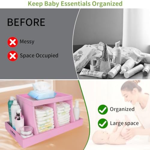 Diaper Caddy Organizer, Changing Table Organizer, Wooden Diaper Organizer for Nursery, Baby Diaper Storage Organizer with Removable Dividers (Pink, Rectangular Size) - Image 4