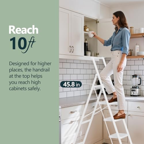 WOA WOA 5 Step Foldable Step Stool with Handrail, 330lbs Load, White - Image 3