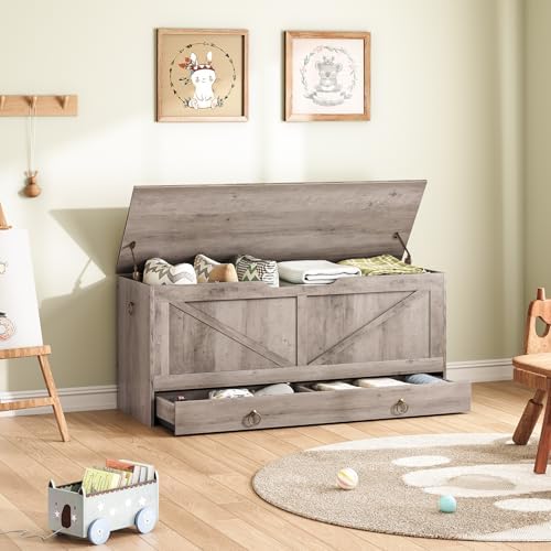 HOOBRO Storage Chest, 43.3" Toy Chest with Drawer, Wooden Storage Bench, Sturdy Entryway Bench Supports 330 lb, Shoe Bench, Safety Hinge, U-Shaped Opening, Easy Assembly, Greige BG711CW01G2 - Image 2