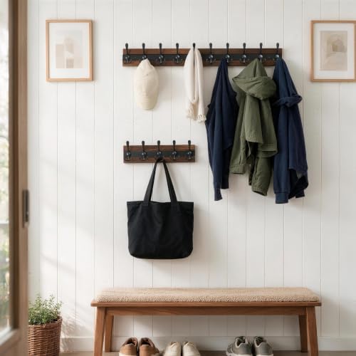 SKOLOO Rustic Wall Mounted Coat Rack - 38.6" Long Coat Hooks for Wall with 10 Triple Hooks for Hanging Coats, Hats or Tools - Kitchen, Mudroom, Entryway, Bathroom, Wood Brown & Black - Image 2