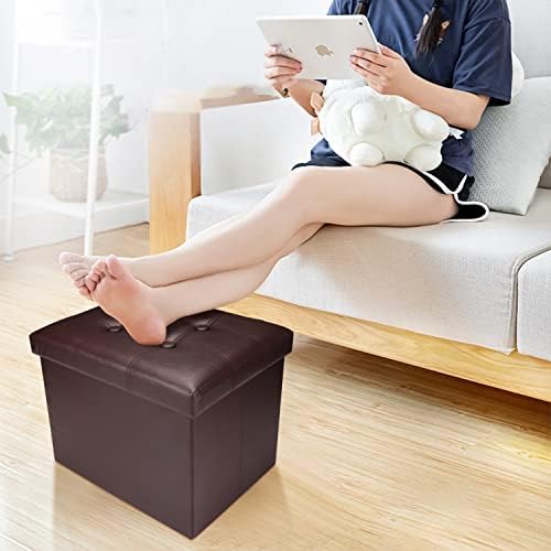 Bsketa Storage Ottoman Bench,17 Inch Folding Leather Foot Rest Stool,Brown - Image 2