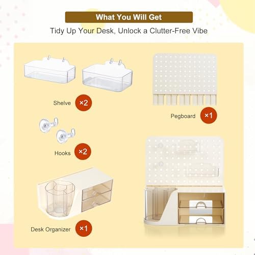 Comix Desk Organizer with 2 Drawer, Beige 360° Rotating Pen Holder for Desk - Image 6