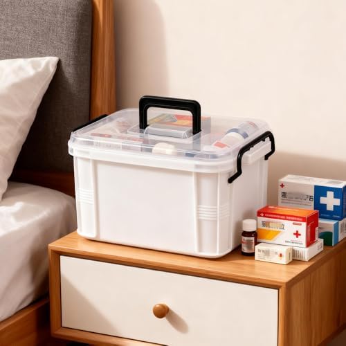 2-Tier Medicine Organizer - Plastic Portable Storage Box with Handle White - Image 2
