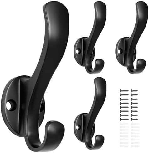 Coat Hooks Heavy Duty - Easy to Install Metal Towel Hooks Screw-in Wall Hooks for Hanging Hat, Towel, Key, Robe, Scarf, Bag, Cap (4 PCS Black) by Ruiziiz