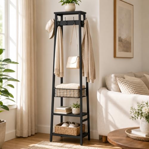 Coat Rack with Metal Basket and Storage Shelves - Image 5
