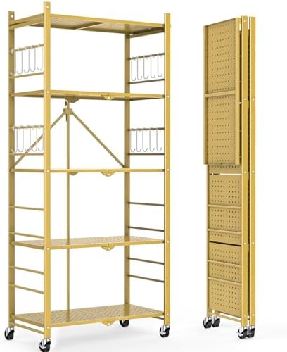 Himix 5-Tier Foldable Storage Shelves with 20 Hooks Wheels Bookshelf Gold by Himix