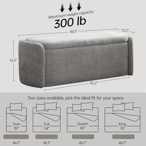 VKNOW 46" Oval Storage Ottoman Bench, Upholstered End of Bed Bench Ottomans Bench Foot Rest, Sherpa Storage Bench for Bedroom, Living Room and Hallway, Light Grey - Image 2