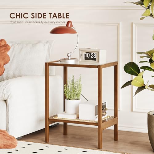 Bamworld Rattan Side Table Boho End Table 2-Tier with Storage Living Room - Image 6