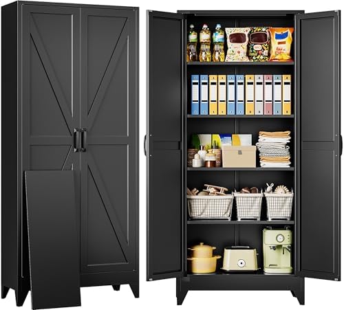 SISESOL 75" Tall Pantry Cabinet,Farmhouse Kitchen Pantry Storage Cabinets with 2 Doors and 4 Shelves,Black Metal Storage Cabinet,Large Cupboard for Home,Kitchen,Dining/Living Room by SISESOL