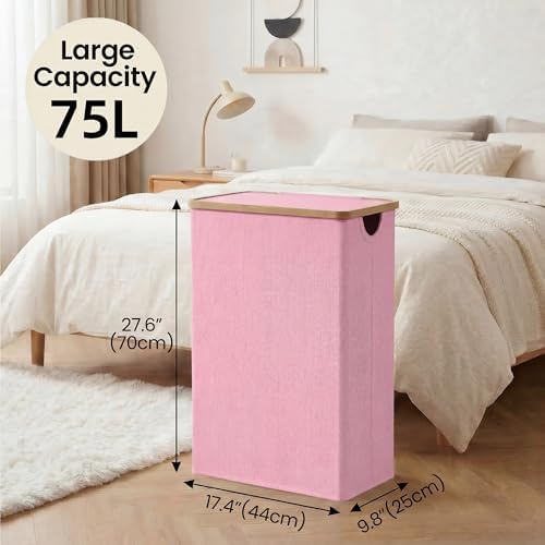 efluky Slim Laundry Hamper with Lid and Removable Bag, 75L Pink - Image 5