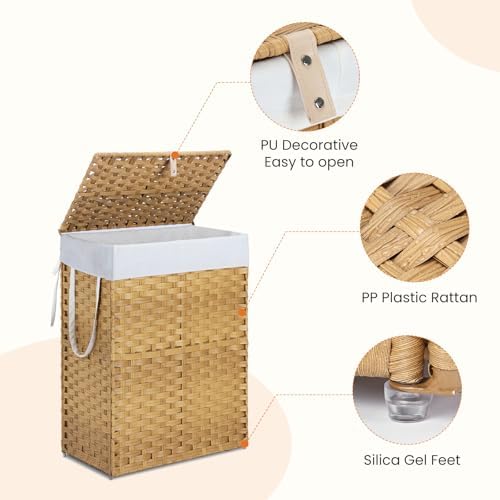 DUMOS Woven Laundry Basket with Lid, 90L Large Capacity Hamper, Removable & Machine-Washable Liner, Foldable Rattan Clothes Hamper, Sturdy Steel Frame, Odor Control, Goose Yellow - Image 5