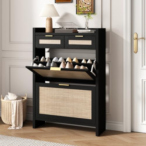 HOKYHOKY Rattan Shoe Storage Cabinet with 2 Drawers & 2 Flip Drawers by HOKYHOKY