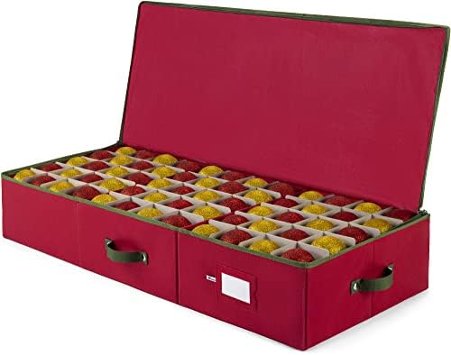 ZOBER Underbed Christmas Ornament Storage Box - Stores 120 3" Ornaments, With Dividers - Tear Proof 600D Oxford Fabric, Ornament Organizer Storage Box, Durable Christmas Containers Holder - Red by ZOBER