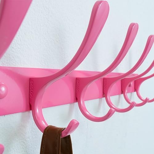 SKOLOO Coat Rack Wall Mounted - 6 Hooks, Heavy Duty, Stainless Steel, Metal Wall Hangers, Sturdy Coat Hooks for Hanging Coats, Jacket, Clothes, Hat, Pink - Image 3
