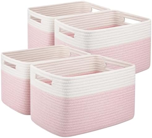 OIAHOMY 4 Pack Storage Basket, 13"x9"x7.8" Cotton Rope Baskets for Shelves, Closet Organizer for Bedroom & Living Room, Soft Decorative Bins for Organizing Towels, Books & Toys, Pink & White by MasterofSpaceOptimization