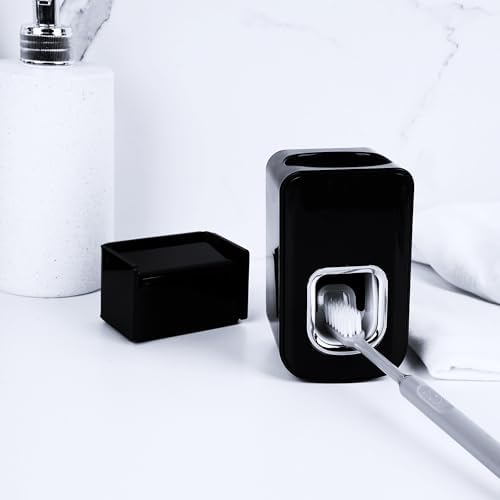 2 Slots Wall Mount Toothbrush Holder with Cover, Self Adhesive Toothbrush Storage Organizer for Shower, Toothbrush Hanger with Automatic Toothpaste Squeezer Dispenser(Black) - Image 6