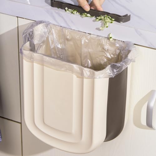 2 Pack Kitchen Hanging Trash Can, 2.4 Gallon / 9L Collapsible Waste Bin, Small Kitchen Compost Bin for Food Scraps, Wall Mounted Garbage Can for Bathroom, Car, RV（Khaki） - Image 4