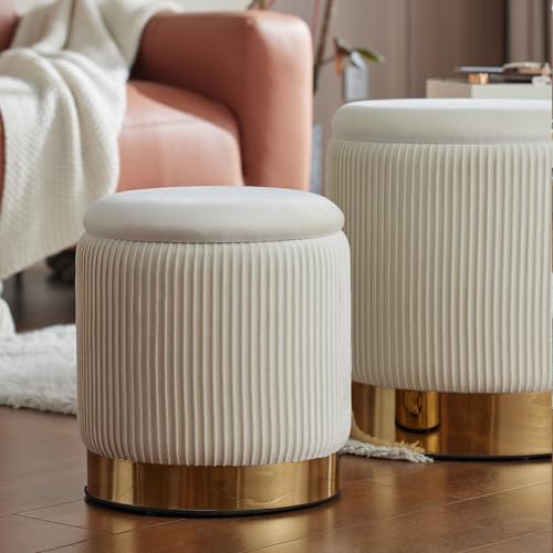 YYW HOME Round Ottoman with Storage Set of 2 White Vanity Stool Foot Rest - Image 5