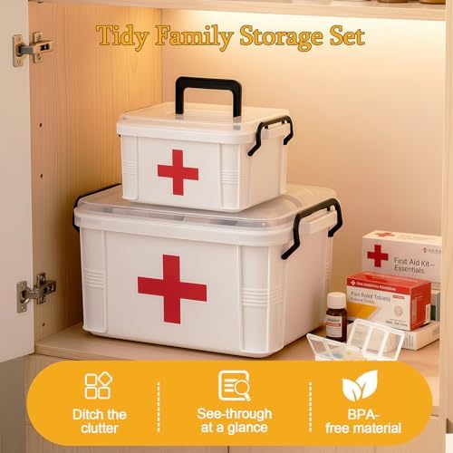 2 Pack Clear Medicine Organizer Box with Handle, Plastic Medicine Container with Tray First Aid Box Empty, Thickened Medicine Storage Organizer Multipurpose Medication Organizer Storage, White - Image 5