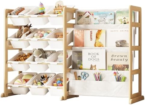EXPERLAM Toy Storage Organizer with Bookshelf, Kids Toy Organizer and Storage Shelf with 12 White Bins, Solid Pine Wood Book Rack for Playroom, Nursery, Kids Room, Toys and Books by EXPERLAM