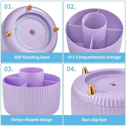 Marbrasse Desk Organizer, 360-Degree Rotating Pen Holder, Desk Organizers and Accessories with 5 Compartments Pencil Holder, Art Supply Storage Box Caddy for Office, Home（Purple） - Image 5
