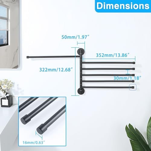 Alise Swivel Towel Rack 13.9", 6 Arm Swing Out Towel Bar, Matte Black - Image 2